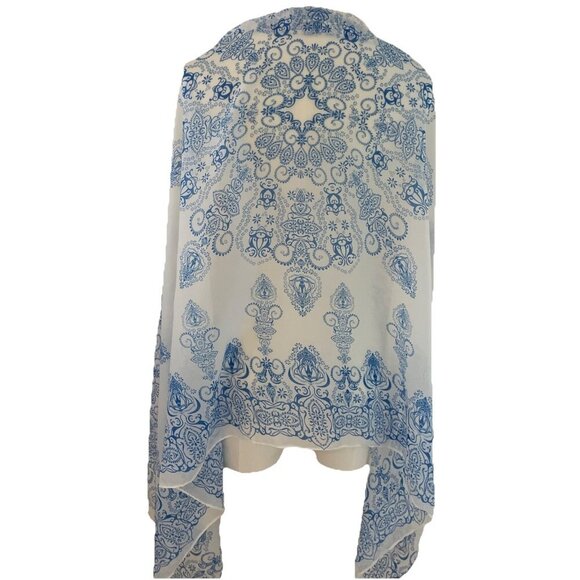 Vintage Baroque Silky Scarf Wrap Blue Medallion Sheer Lightweight 62 X 28" - Picture 1 of 8